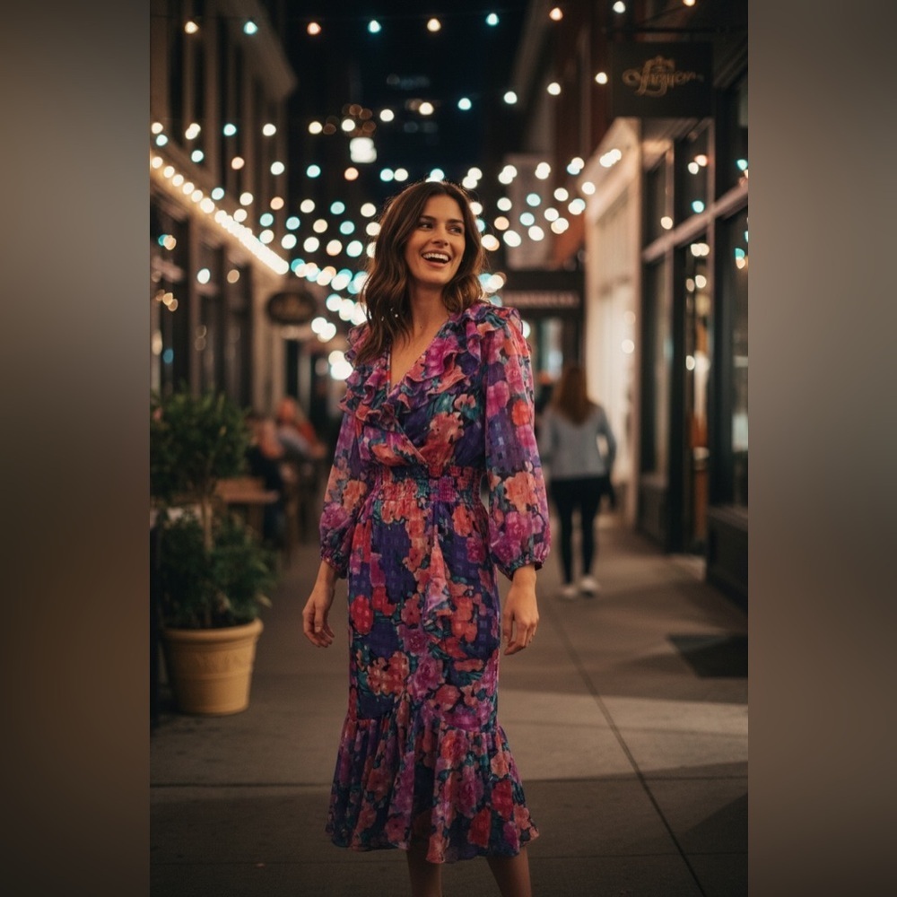 VINTAGE 80's Susan Tudor Pink Floral Midi Dress Pleated Cottagecore Ruffle S